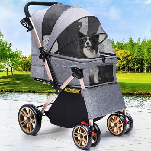 YITAHOME Pet Buggy with Reversible Handle, Foldable Dog Stroller for Small Dogs, Mesh Windows, Cup Holder, 360° Rotating EVA Wheels with Brakes (Grey)