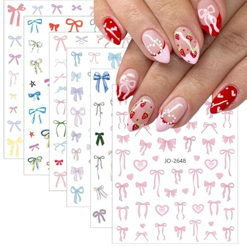 Lilbitty 6 ark nagelklistermärken set med rosett tema, gör-det-själv nagelkonst klistermärken för kvinnor och flickor, säker och miljövänlig nageldesign tillbehör med holografisk effekt
