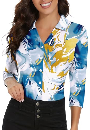 Soneven - Camicia da donna elegante con scollo a V, con colletto, polo a maniche lunghe, sportiva, da golf, estiva, traspirante, S