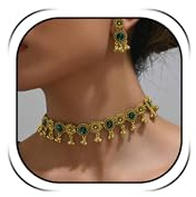 Parure de bijoux indiens Jhumkas pour femme - Boucles d'oreilles et collier - Style bohème traditionnel - Pour mariage, fête, tenue - Cadeau, Métal, Pas de gemme