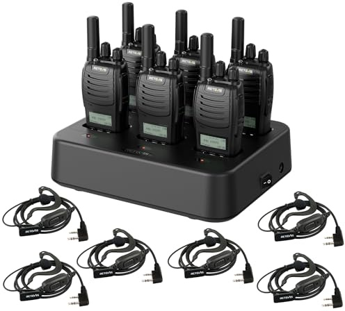 Retevis H777D Walkie Talkie con Auricular, PMR446 Walkie-Talkie Profesional con Cargador de 6 Vías, Pantalla LCD, Botón, Radio Bidireccional Portátil para Tiendas, Seguridad (Negro, 6 Pcs)