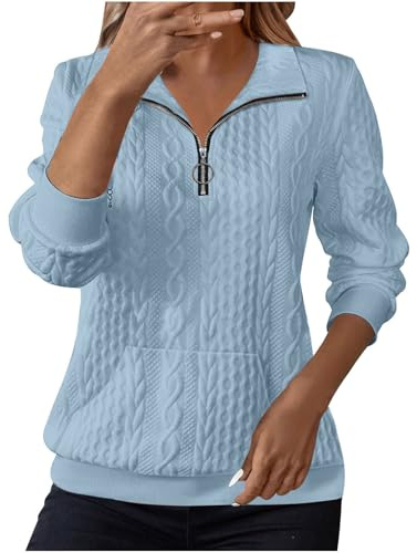 Sweatshirts for Women Cable Knit Jumpers Lapel Half Zip Pullover Ladies Thermal Sweatshirt Long Sleeve Tops Winter Autumn Sweaters Warm Tunics for Office Work Daily Going Out Wear Sky Blue
