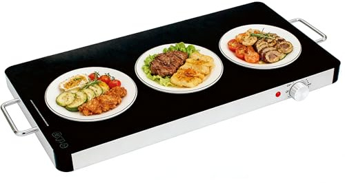 VG Large Food Warming Tray, 400W Adjustable Temperature Electric Buffet Server Cool-Touch Handles Non-Slip Feet, Tempered Glass Plate Chafer Event Party Hot Plate Table Countertop (61W x 42D x 4H cm)