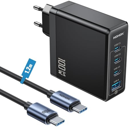 NOHON Caricatore USB C Rapido Caricabatterie: 100W PD 3.0 GaN Alimentatore con Cavo Tipo C Ricarica Rapido 140W 1.2M | PPS 4-Porte Compatibile con iPhone 13 14 15 16 17 MacBook iPad Laptop Galaxy S23