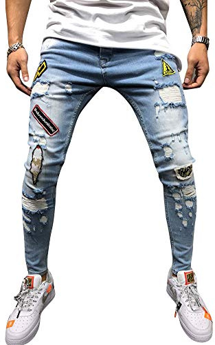 AnyuA Herr Skinny Super Stretch Jeans Slim Fit Ripped Hip Hop Denim Byxor, Ljusblått, S