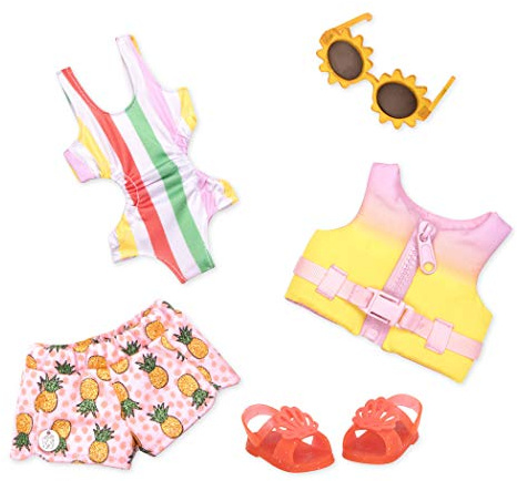 Glitter Girls - Brillante como el Sol - Glitter Ropa Muñecas Niñas - Traje de baño - Gafas de Sol, Chaleco Salvavidas, Pantalones Cortos - Accesorios de Playa - 3 años +