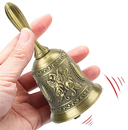 MINGZE Campana De Mano, Campana De Llamada De Aleación De Zinc Clásica Tradicional Servicio Handbell Loud Call Bell con Mango para La Escuela, Recepción Cena Servicio De Hotel Decora Hogar (Oro)