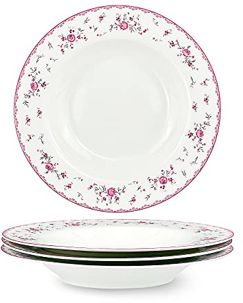 fanquare Juego de 4 Platos Hondos de Porcelana, 21.8cm Platos de Sopa Florales Rosa, Cuencos de Pasta Blancos