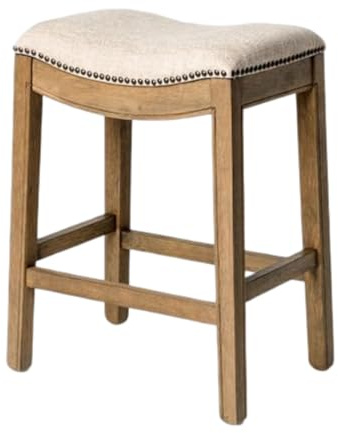 Maven Lane Adrien Kiln Dried Hardwood Saddle Counter Stool with 66 cm High Performance Fabric Seat, Wire Brush Finish, and Hand Applied Nailhead Trim, Natural/Cream