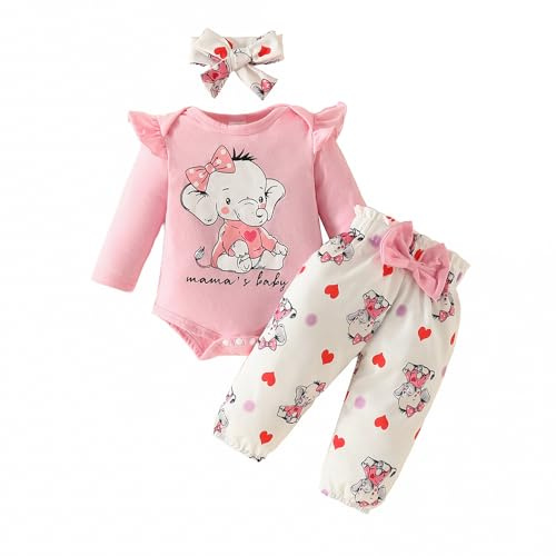 xuntao Bebisflickor 3 delar, babykläder nyfödda flickor, långärmad, body sparkdräkt toppar, blommor, byxor med pannband, rosa, 9-12 M�nader