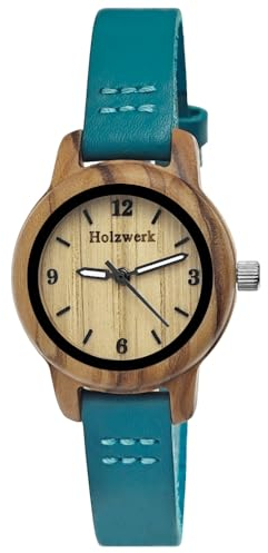 Handgefertigte Holzwerk Mädchen-Uhr Jungen-Uhr Kinderuhr Öko Natur Holz-Uhr Leder Kinder Uhr Armband-Uhr Analog Klassisch Quarz-Uhr in Türkis Braun