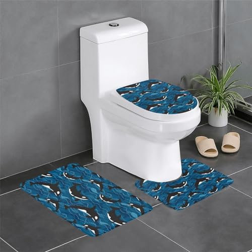 FUkker rutschfeste Badvorleger, 3-teiliges Set mit rutschfesten Badezimmerteppichen und U-förmiger Toilettenmatte,Orcas im Ozean