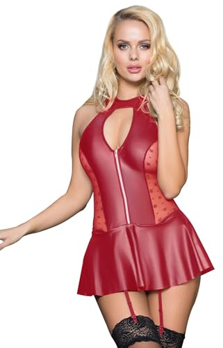 comeondear Vestito Donna Sexy Pelle PU Abito Sexydonna Hard Taglie Forti Hot Clubwear Pizzo Transparente Abiti Corto da Festa Vestiti Discoteca Senza Maniche con Cerniera Sexy Dress Rosso,M