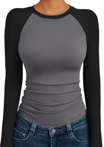 Trendy Queen Womens Long Sleeve Shirts 2025 Fall Fashion Outfits Clothes Slim Fitted Basic Tee Going Out Crop Tops Cute Y2k Teen Girl Color Block T Tshirts Clothing