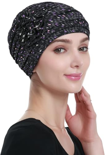 Alnorm blomma design kemo-håravfall mössor cancer huvudbonad för kvinnor, Violett svart, one size