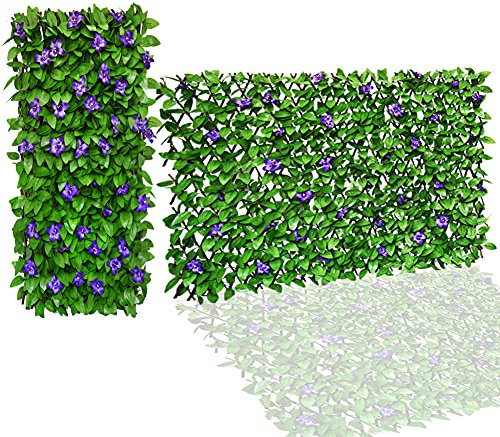 HomeSun Erweiterbarer Zaun 200x100cm Sichtschutz für Balkon Terrasse im Freien dekorative Faux Efeu Fechten Panel künstliche Pflanzenwand (einseitig Blätter) (1, Violett Blume)
