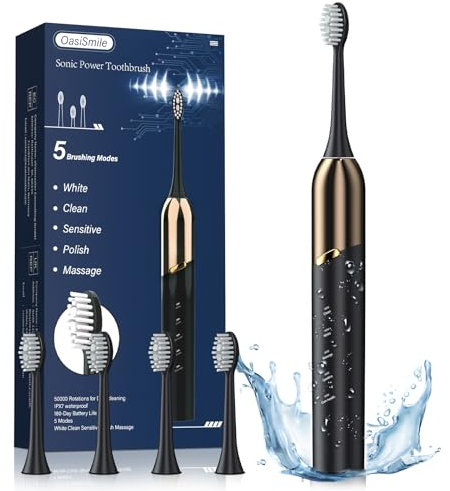 Spazzolino Elettrico Sonico Adulti, 50000 VPM Spazzolino Elettrico con 4 Testine, 5 Modalità di Spazzolamento, 100 Giorni di Autonomia, Impermeabile IPX7 Spazzolino Sonicoe Timer per Famiglia e Viaggi