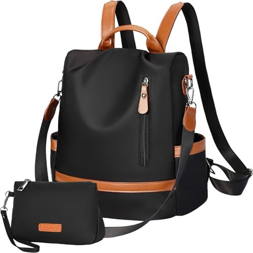 Eshow Rucksack Damen Klein, Anti-Diebstahl Elegant Cityrucksack Tagesrucksack, Kleine 3 in 1 Rucksackhandtasche mit Clutchbag, Rucksacktasche Modern für Pendeln Schule Arbeit Reise Schwarz