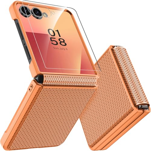 Miimall Funda para Samsung Galaxy Z Flip 7, [Protector de Pantalla HD] [Protección de Bisagra] Textura Antideslizante, Slim PC Dura Capa Flip 7 Antichoque Antiarañazos Carcasa para Z Flip7, Naranja