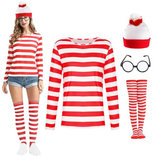 Maazusa Disfraz de rayas rojas y blancas para adultos, camiseta de manga larga con gafas redondas, gorro de punto, calcetines a rayas, rojo y blanco, traje de mujer para Halloween, carnaval, fiesta de
