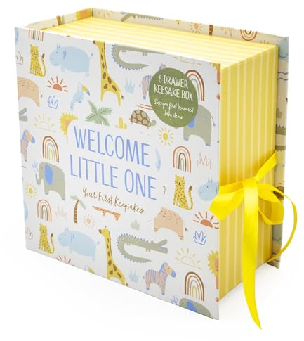 Lullaby Animals - Caja de recuerdos de bebé con 6 cajones para recuerdos de recién nacido, regalo para bebé con cierre de cinta
