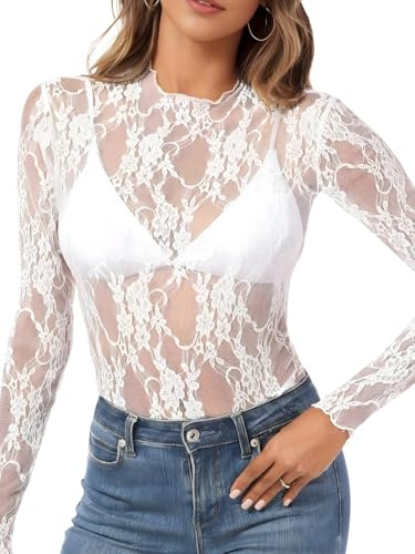 MIZSPISE Mujer Camiseta Transparente Sexy Manga Larga Camiseta Transparente Top de Manga Larga Elástico (FR/ES, Letras, XL, Regular, Regular, Blanco)