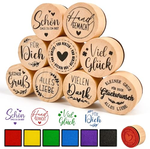 9Pcs Stempel Holz mit Stempelkissen, Vielen Dank Holzstempel Schön Dass du da Bist Viel Glück Stempelset, Stempel Danke für Geschenkverpackung Grußkarte Einladung Kartenbasteln Scrapbooking