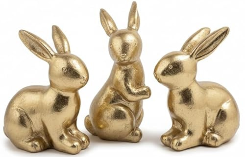 Set di 3 coniglietti decorativi dorati piccoli, decorazione pasquale in poliresina, 2 x 13 cm e 1 x 10 cm, coniglietto pasquale moderno lucido, decorazione da tavolo per Pasqua