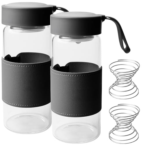 Leikurvo Piccola bottiglia di vetro shaker, 2 pezzi da 480 ml, borosilicato, shakers proteici, senza BPA, set di palline agitanti con custodia in silicone per fitness e bevande proteiche (nero)