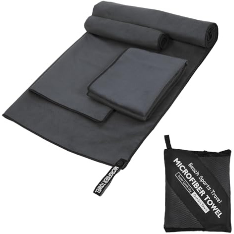 Lot de 3 Serviettes en Microfibre, 1 Grande Serviette de Bain (180x60 cm) + 2 Petites Serviettes (80x40 cm), Légères Serviettes pour Sport, Fitness, Voyage, Plage, Piscine et Camping (Gris foncé)