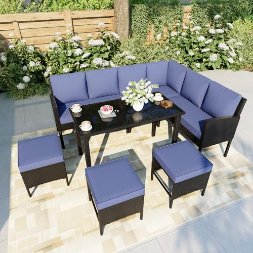7 Pieces Outdoor Dining Set for 9, Outside PE Rattan Conversation Sets Wicker Sofa Patio Furniture with Black Glass Dining Table and Ottomans, Modern Dining Table Set for Small Space, Blue Cushions