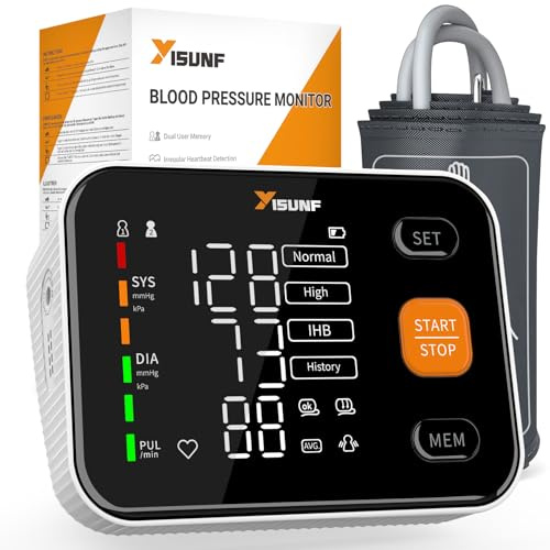 Yisunf Tensiomètre Bras Électronique, Grand Écran LED, Mesure Automatique à 1 Bouton, Appareil Tension Artérielle Bras, 2 Utilisateurs, 2 x 120 Mémoires, Détection d'Arythmie, Indicateur OMS, Brassard