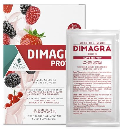 Dimagra Protein - Integratore Proteico per Dieta Chetogenica - Proteine in Polvere - Gusto Frutti Rossi - 10 buste da 22 g