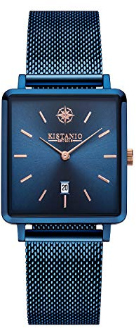 Kistanio Carre Damenuhr mit Milanaiseband Datum Edelstahl Blau Blau Saphirglas BL-BLS-M