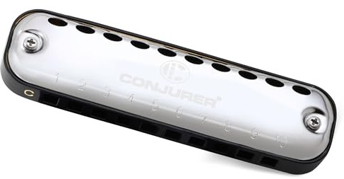 CONJURER 10 Hole C Key Diatonic Blues Harmonica with Portable Case Black | Metal Mouth Organ with Premium Brass Reeds Blues Harmonica for Beginners, Adults & Amateur Friend Gifts