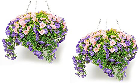 Primrose Premium Large Artificial Outdoor Hanging Baskets With Flowers (Pink & Purple Petunia, Set of 2)