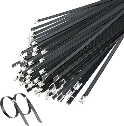 Deecam Fascette Metalliche Nere 200MM, Fascette in Acciaio Inox 50 Pezzi, fascette Acciaio Inox Adatto Per Bende Termiche Scarico, Fasci Di Cavi, Manutenzione Del Giardino e Tende Da Sole