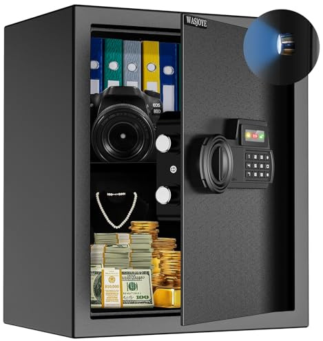 WASJOYE Tresor für Zuhause, Möbeltresor mit Schlüssel, Safe Tresor und Geldkassette mit Digitaler Tastatur & Sensorlicht für Schmuck, Bargeld, Waffen, Wandtresor für Haus, Hotel, Büro, 43L(42*35*33cm)