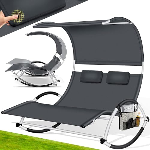 KESSER® Doppel-Sonnenliege Doppelliege mit Sonnendach, Kopfkissen Tasche für 2 Personen, Relaxliege, Gartenliege, Schaukelliege ergonomische Liegefläche, 240 kg Belastung, Seitentasche, Anthrait