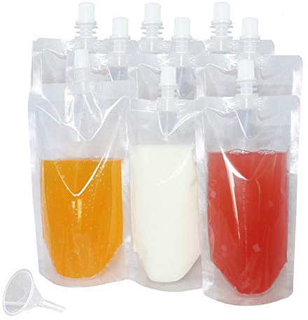 ABSOK 30 sachets de boissons, réutilisable récipients transparents pour sachets de smoothie, robustes et étanches à fermeture manuelle, pour bouteilles de jus congelé, entonnoir en plastique (350 ml)