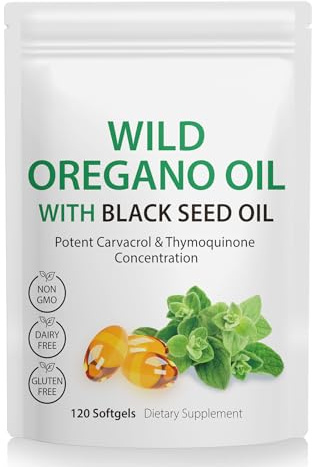 Oregano öl 120 Softgels - Oregano Öl Kapseln - Oreganoöl - 6000mg Oregano Kräuterergänzung - Kaltgepresster Oregano mit Schwarzkümmelöl 200mg mit Rückenkernöl Atemwege 120