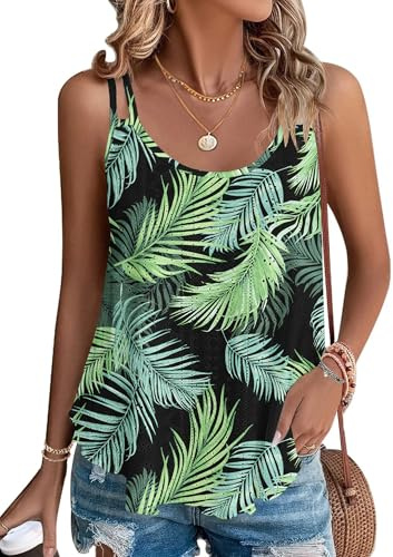 WNEEDU Women's Summer Tank Tops Ladies Sleeveless Vests Tanks Top Loost Fit Casual Shirts Vest Blouses Cami Camisole Leaves Black Green M