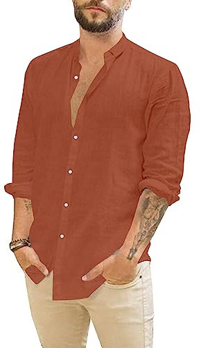 Rodawu Mens Shirts Long Sleeve Cotton Linen Shirts Casual Summer Shirts Lightweight Beach Tops Fashion Orange Shirt 2XL