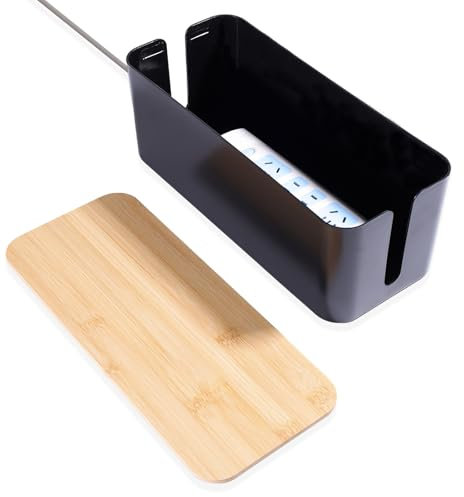 QOEOTUY Kabelbox Kabel Organizer Aufbewahrung：Kabelmanagement Box mit Bambusdeckel zur Kabelorganisation, Cable Management Box zur Kabelorganisation und zum Verstecken von Kabeln – Schwarz