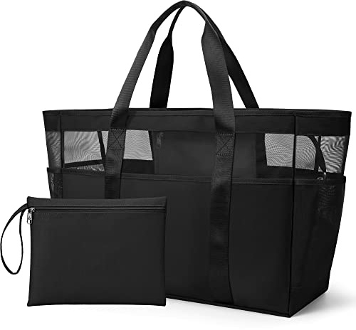KALIDI - Borsa da spiaggia XXL per famiglia, borsa da spiaggia con chiusura lampo, borsa da donna, grande da spiaggia, borsa per la spesa, per viaggi, shopping e uso quotidiano, nero-XXXL