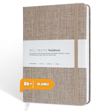 WELTWERK Anteckningsbok B6+ [Blank, linnebeige] högkvalitativ anteckningsbok med 100 g/m² papper, tygomslag och gummiband – litet anteckningsblock med 264 sidor för bullet journaling, skisser och