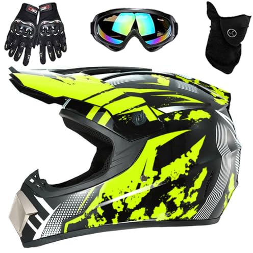 Casco Integrale da Motocross Per Adulti E Bambini, con Occhiali, Guanti E Maschera, Per Moto, Fuoristrada, Enduro, Downhill, Atv, Bmx, Mtb, Omologato DOT(Yellow Run,L(56-57cm))