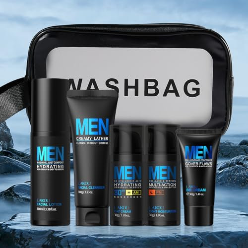 LAIKOU Cura Viso Uomo Kit, 5 pezzi Set per la Cura della Pelle del Viso da Uomo con Detergente Tonico Crema Giorno e Notte BB Cream, Per Pelle Stanca e Spenta, Effetto Idratante e Opacizzante