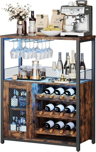 Garvee Botellero Industrial con Luz Led Armario de Bar con Estante Ajustable para Vinos y Soporte para Copas Almacenamiento de Bebidas Armario para Vinoteca para Cocina Comedor Salón 70x35x92 cm Retro