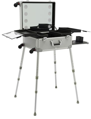 OUKANING 21 tums kosmetisk väska, bärbar med belysning, 8 lysdioder, spegel, med 3 ljusfärger, höjdjusterbart stativ 15–85 cm, med teleskophandtag, professionell makeup box arrangör, silver